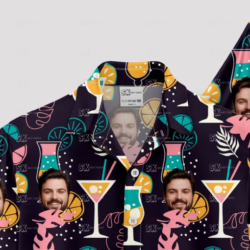 Black men's Hawaiian shirt with tropical cocktail and face pattern