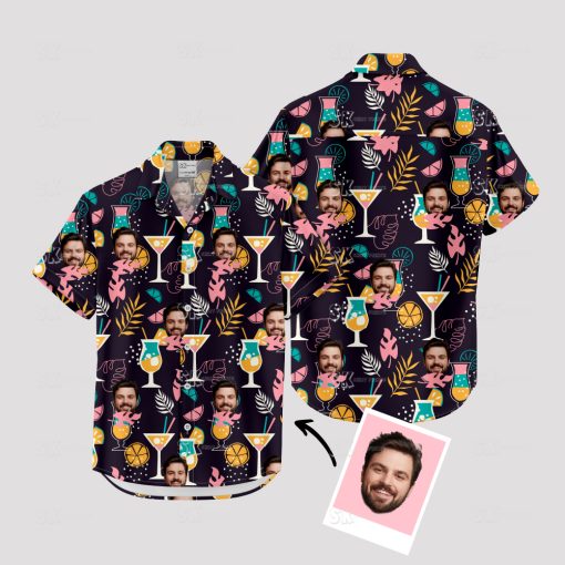 Black men's Hawaiian shirt with tropical cocktail and face pattern