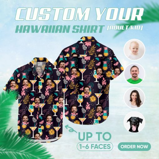 Black men's Hawaiian shirt with tropical cocktail and face pattern