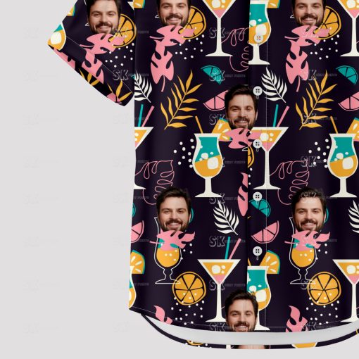 Black men's Hawaiian shirt with tropical cocktail and face pattern