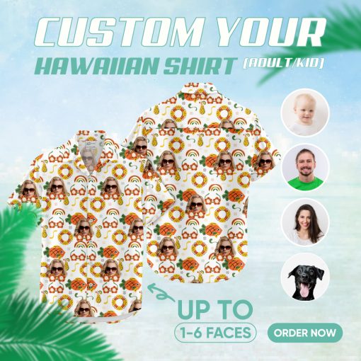 White mens Hawaiian shirt with colorful tropical motifs