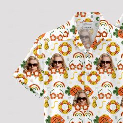 White mens Hawaiian shirt with colorful tropical motifs