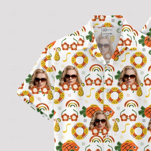 White mens Hawaiian shirt with colorful tropical motifs