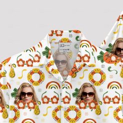White mens Hawaiian shirt with colorful tropical motifs