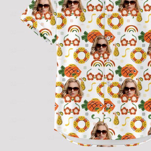 White mens Hawaiian shirt with colorful tropical motifs