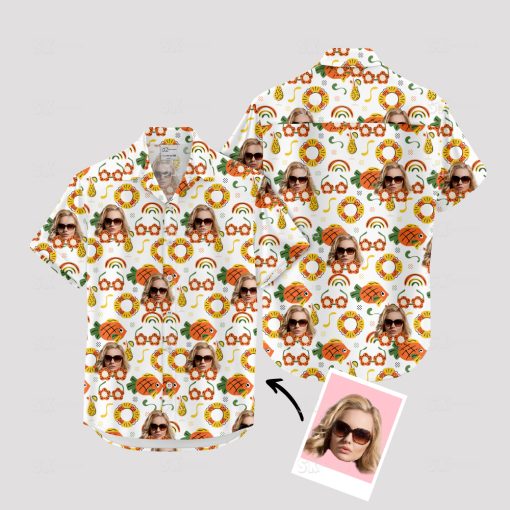 White mens Hawaiian shirt with colorful tropical motifs