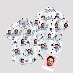 mens white hawaiian shirt with face dinosaurs surfboards and palm trees