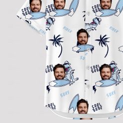 mens white hawaiian shirt with face dinosaurs surfboards and palm trees