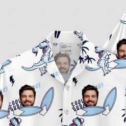 mens white hawaiian shirt with face dinosaurs surfboards and palm trees