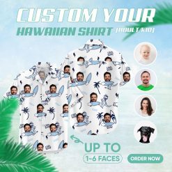 mens white hawaiian shirt with face dinosaurs surfboards and palm trees