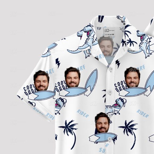mens white hawaiian shirt with face dinosaurs surfboards and palm trees