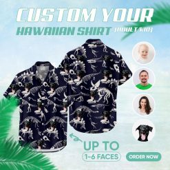 t rex hawaiian shirt with dinosaur skeletons and smiling black dog