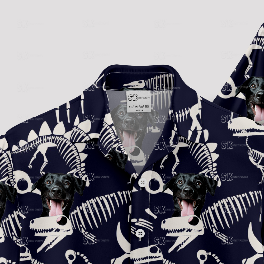 t rex hawaiian shirt with dinosaur skeletons and smiling black dog