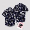 t rex hawaiian shirt with dinosaur skeletons and smiling black dog