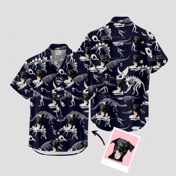 t rex hawaiian shirt with dinosaur skeletons and smiling black dog