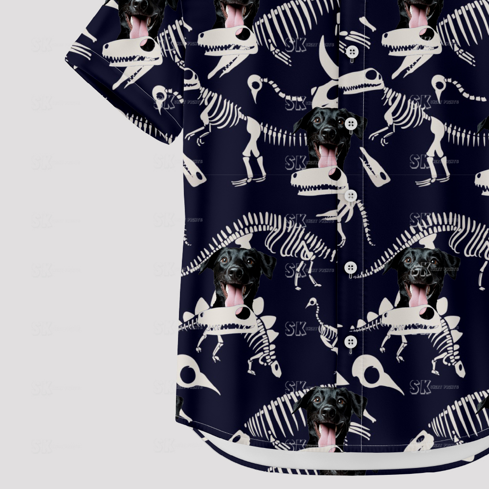 t rex hawaiian shirt with dinosaur skeletons and smiling black dog