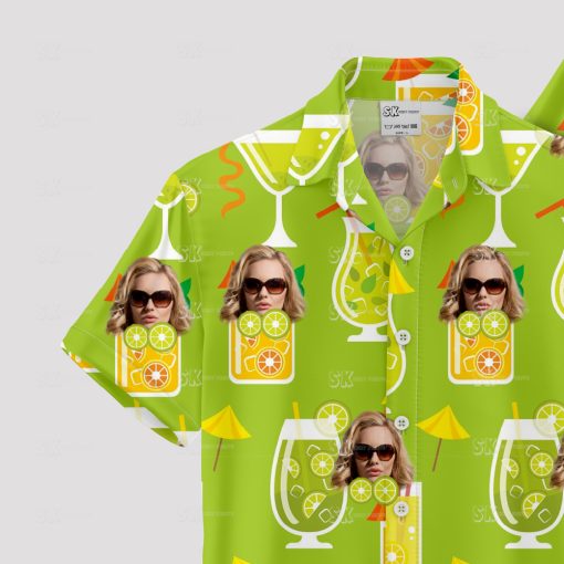 green hawaiian shirt with tropical drinks and sunglasses face pattern