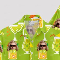 green hawaiian shirt with tropical drinks and sunglasses face pattern