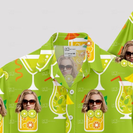 green hawaiian shirt with tropical drinks and sunglasses face pattern