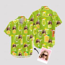 green hawaiian shirt with tropical drinks and sunglasses face pattern