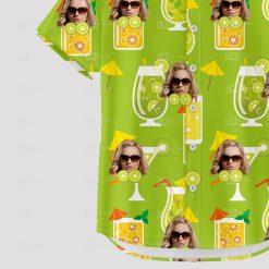green hawaiian shirt with tropical drinks and sunglasses face pattern
