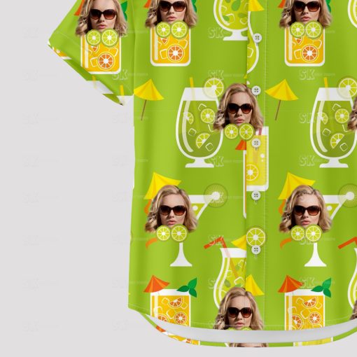 green hawaiian shirt with tropical drinks and sunglasses face pattern