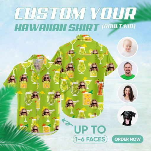green hawaiian shirt with tropical drinks and sunglasses face pattern