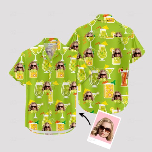 green hawaiian shirt with tropical drinks and sunglasses face pattern