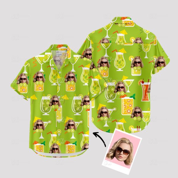 Green Hawaiian Shirt with Tropical Drinks & Sunglasses Face Pattern – Fun Summer Style