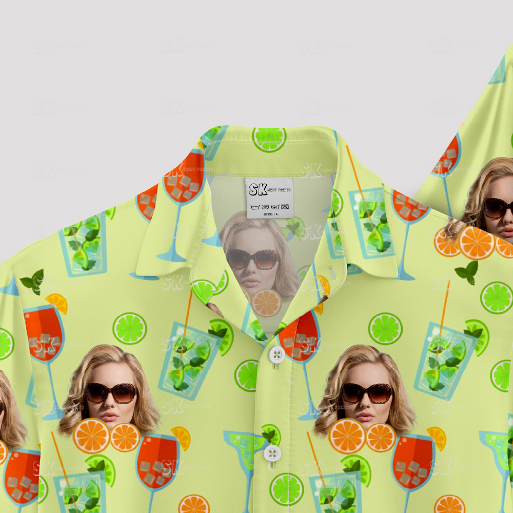 Green tropical shirt with cocktail glasses and custom face design