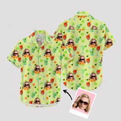 Green tropical shirt with cocktail glasses and custom face design