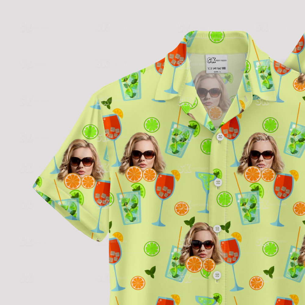 Green tropical shirt with cocktail glasses and custom face design