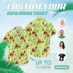 Green tropical shirt with cocktail glasses and custom face design