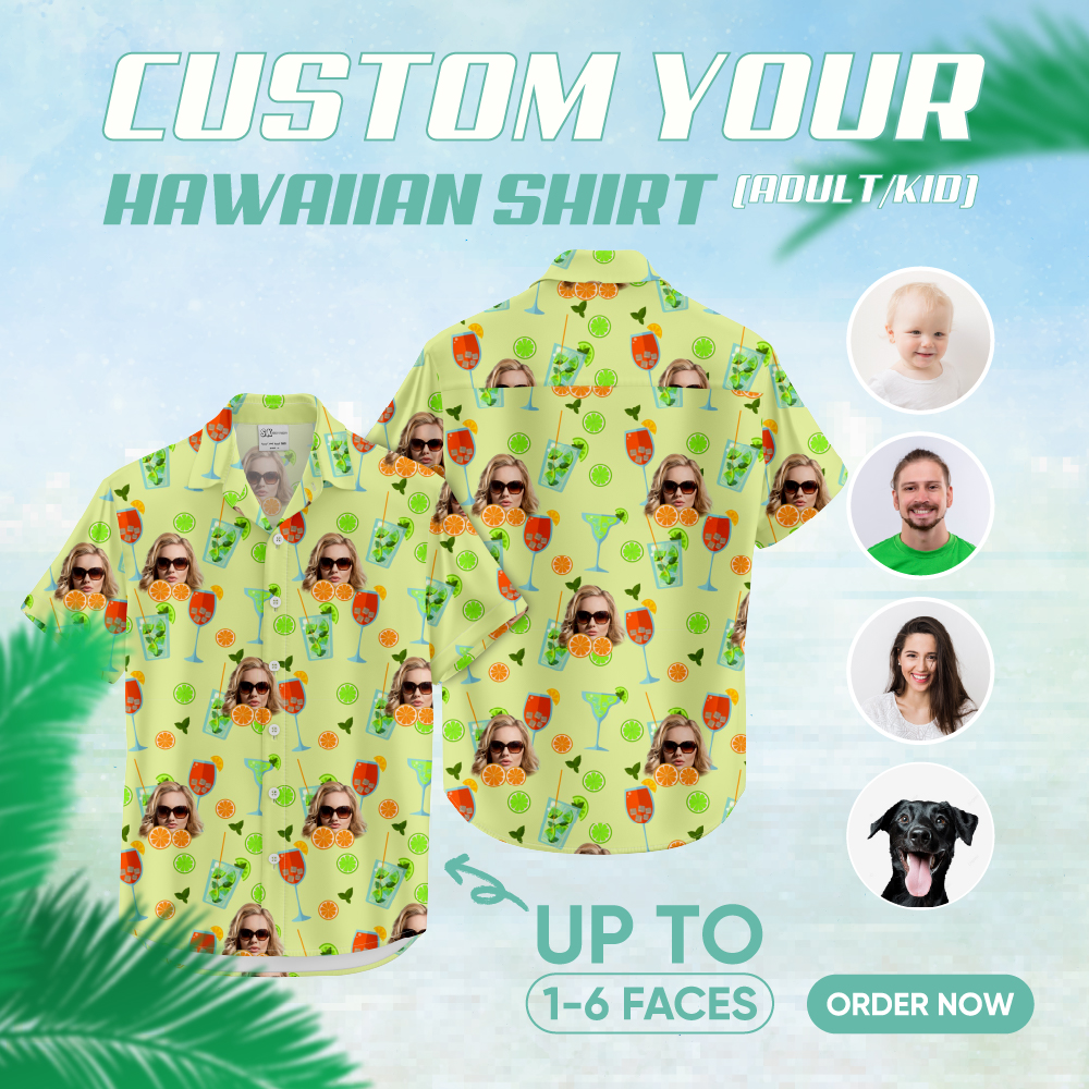 green tropical shirt with tropical motif faces