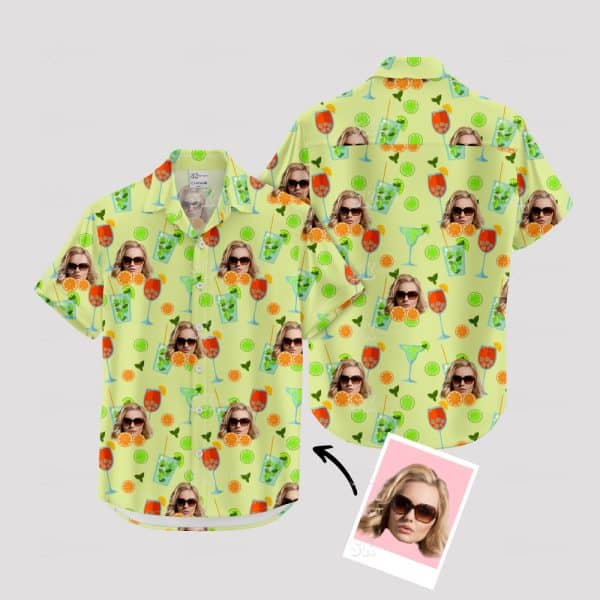 Green Tropical Shirt with Cocktail Glasses & Custom Face | Hawaiian Style