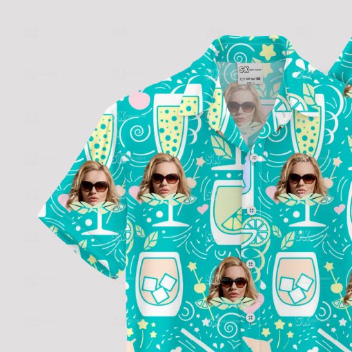 turquoise hawaiian shirt for women with cocktail print and sunglasses design