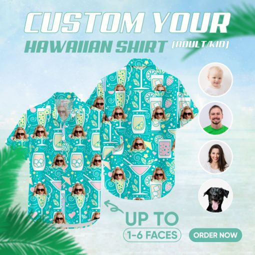 turquoise hawaiian shirt for women with cocktail print and sunglasses design