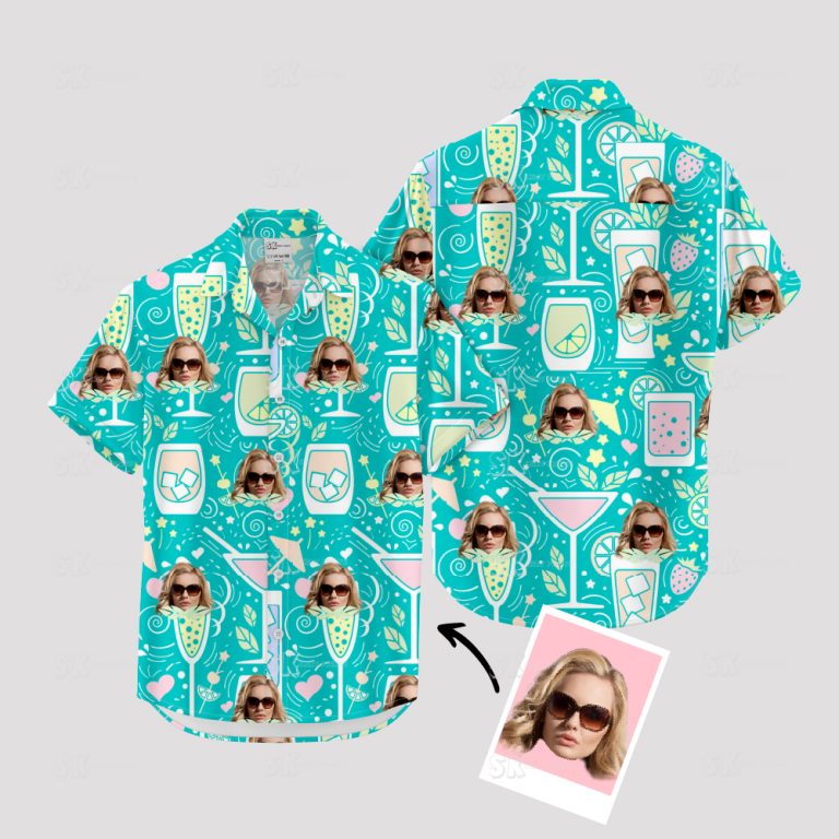 Turquoise Cocktail Hawaiian Shirt Women Custom Face Photo Summer Outfit