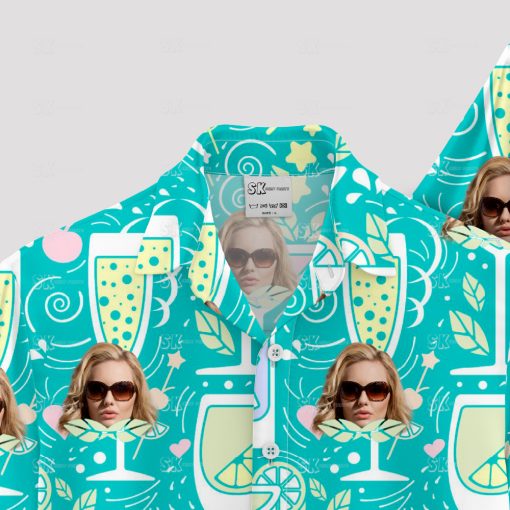 turquoise hawaiian shirt for women with cocktail print and sunglasses design