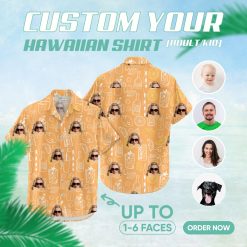 orange hawaiian shirt with sunglasses face and cocktail pattern