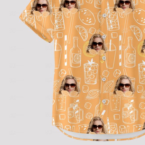 orange hawaiian shirt with sunglasses face and cocktail pattern