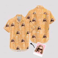 orange hawaiian shirt with sunglasses face and cocktail pattern