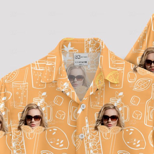 orange hawaiian shirt with sunglasses face and cocktail pattern