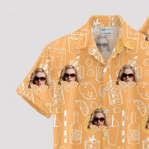 orange hawaiian shirt with sunglasses face and cocktail pattern