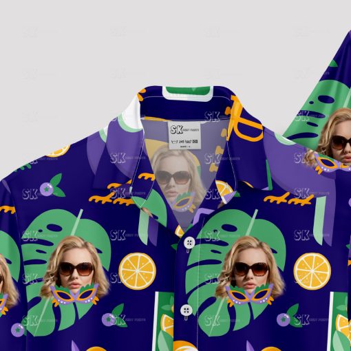 Purple women's Hawaiian shirt with tropical leaves, citrus, and custom face
