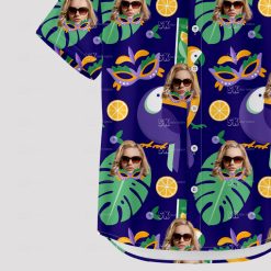 Purple women's Hawaiian shirt with tropical leaves, citrus, and custom face