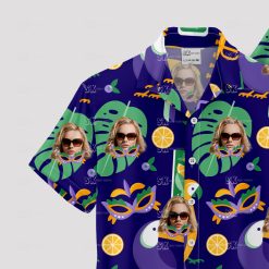 Purple women's Hawaiian shirt with tropical leaves, citrus, and custom face