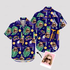 Purple women's Hawaiian shirt with tropical leaves, citrus, and custom face