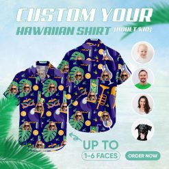 Purple women's Hawaiian shirt with tropical leaves, citrus, and custom face