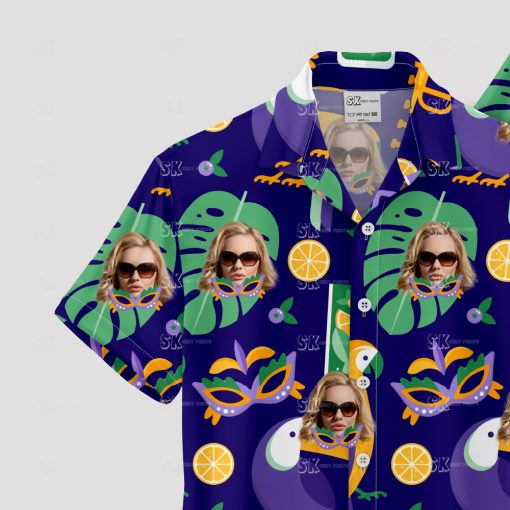 Purple women's Hawaiian shirt with tropical leaves, citrus, and custom face